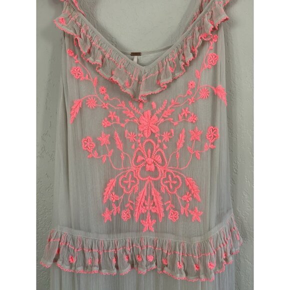 Free People Maxi Dress Hot Pink Beige Embroidered Sz Small - Picture 6 of 8